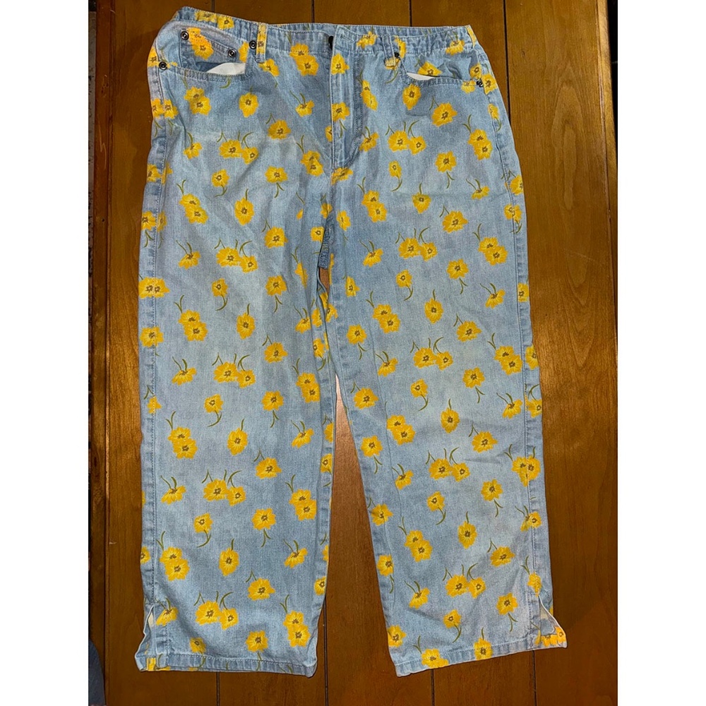 Yellow Sunflower Print Light Blue Denim Capris Pedal Pushers Liz Claiborne Size